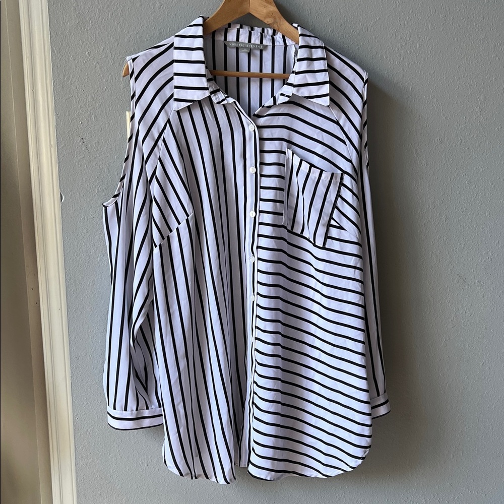Valerie Stevens White and Black Striped Cold-Shoulder Button-Down Shirt